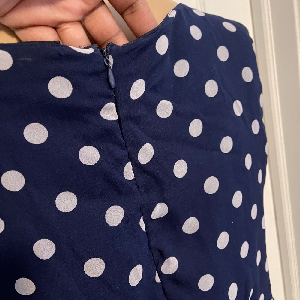 Jennifer Lauren navy blue polka dot handkerchief hem dress size L tie at waist - Picture 7 of 11